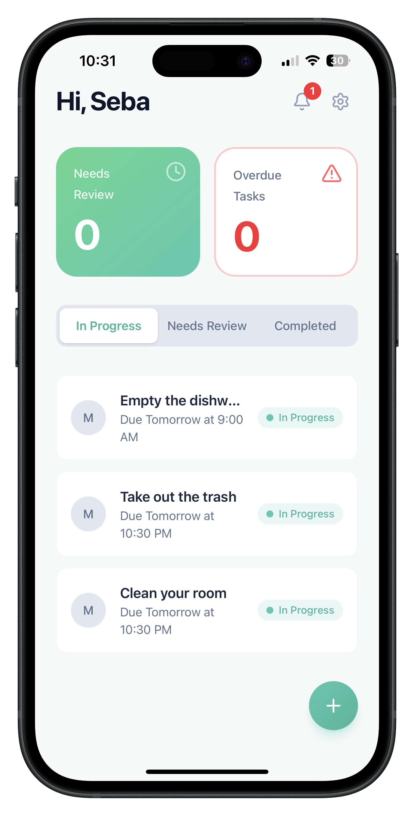 taskr app showing the real-time parent dashboard
