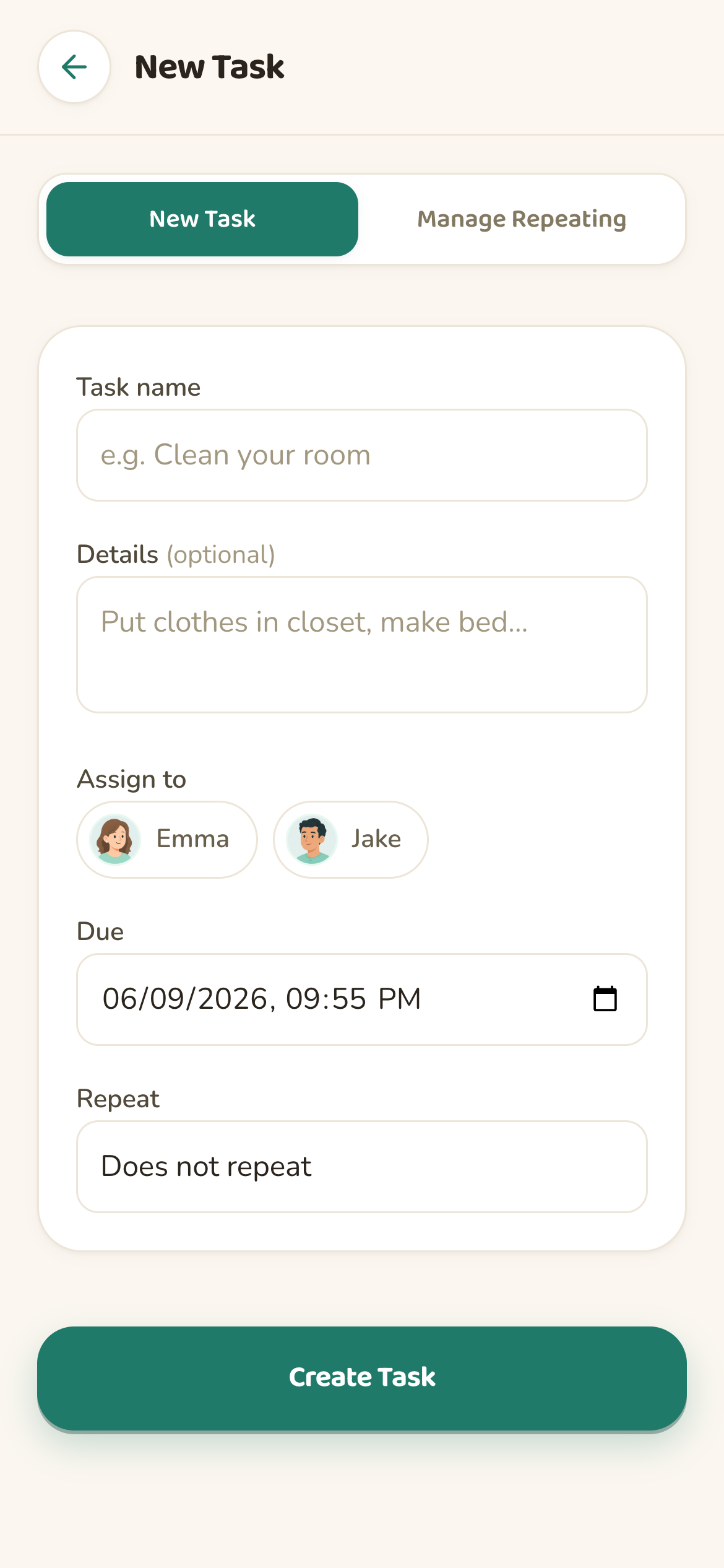 taskr create-task screen on iPhone with task name, child selector, due time, and repeat options