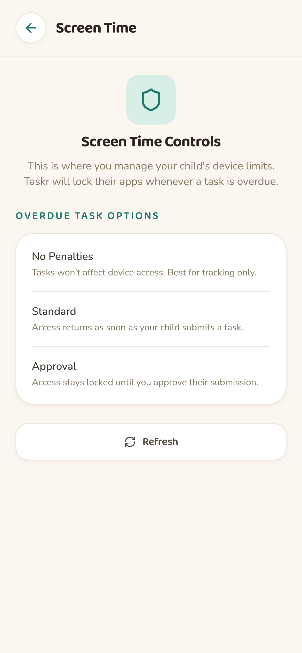 taskr Screen Time controls on iPhone with overdue task options: no penalties, standard, and approval mode